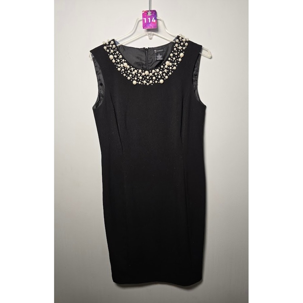 New Directions Womens Sheath Dress Black Faux Pearl Beaded Neck Sleeveless Sz 12